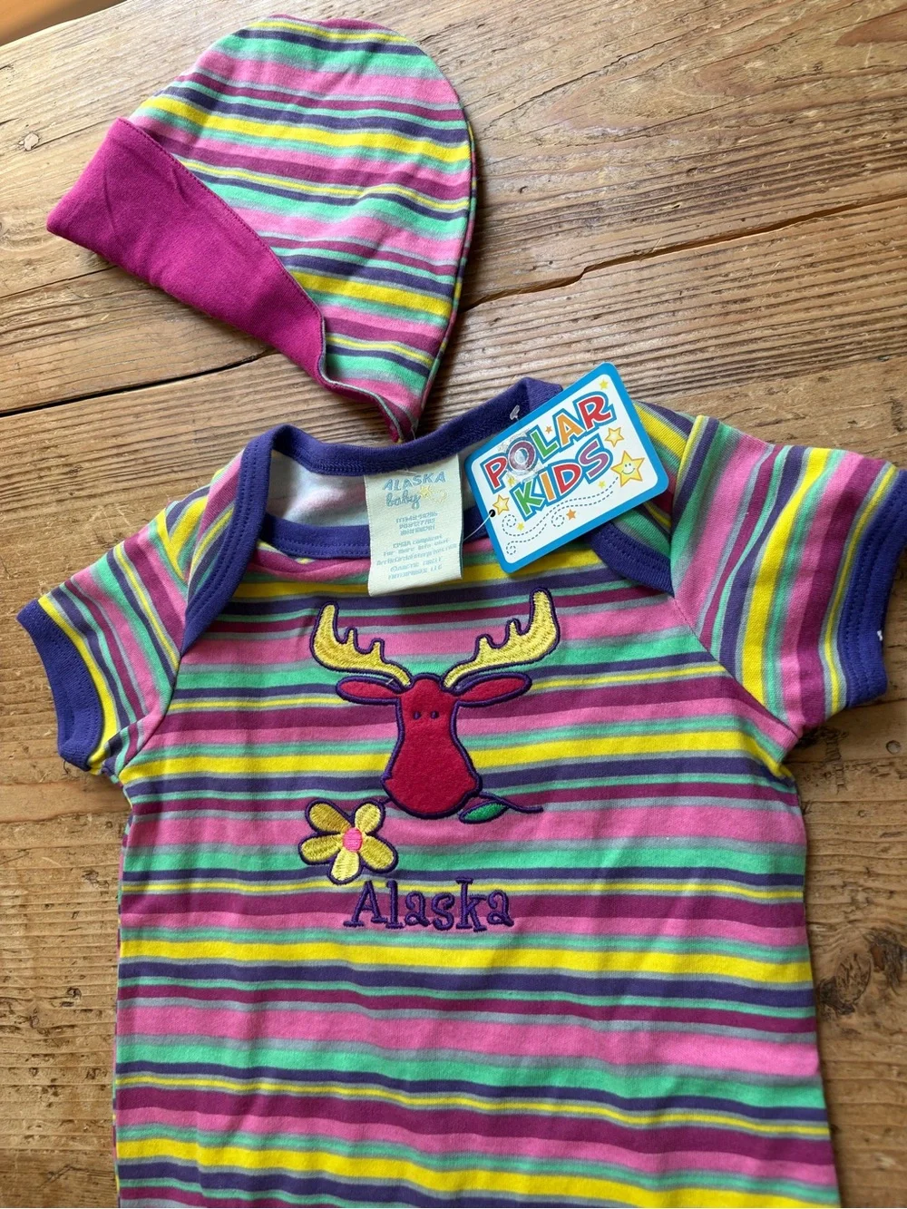 Y2K Polar Kids Alaska Striped Baby Onesie & Hat - Pink, Green, Yellow